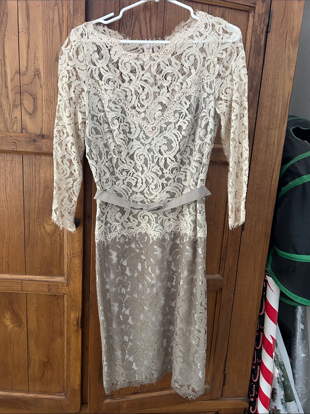 Tadashi Shoji Ivory Lace Long Sleeve Midi Dress with Belt